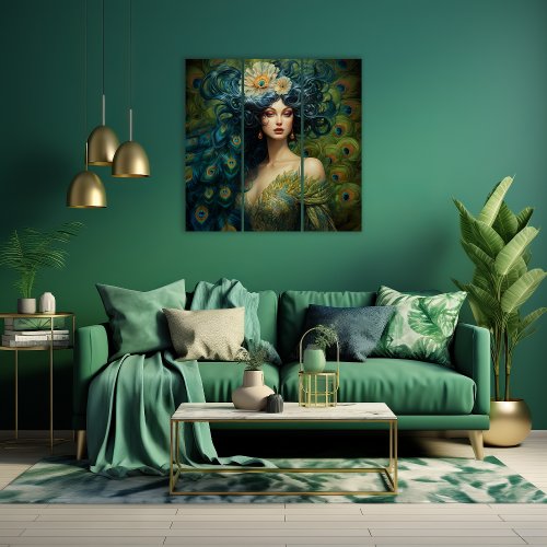 Beautiful Woman Surrounded by Peacock Feathers Triptych