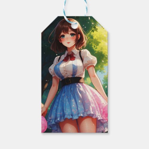 Beautiful woman walking in a candy forest gift tags