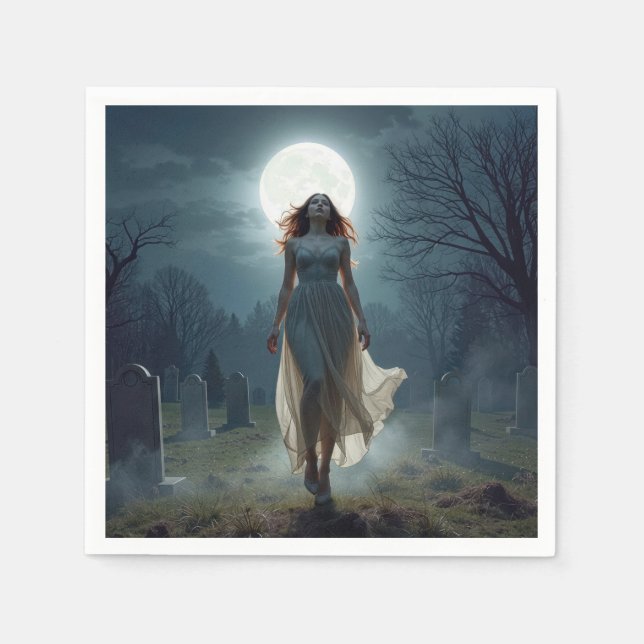 Beautiful Woman Walking In a Moonlit Cemetery Napkins (Front)