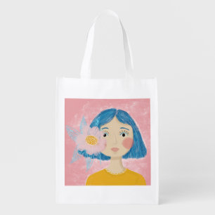 beautiful woman with a pink flower grocery bag