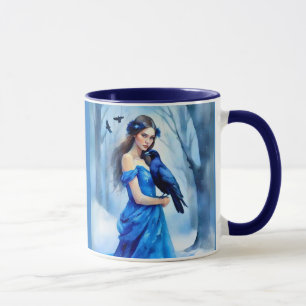 Beautiful Woman with a Raven, in a Snowy Forest Mug