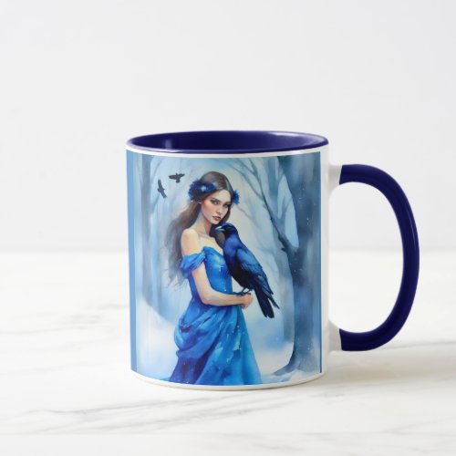Beautiful Woman with a Raven in a Snowy Forest Mug