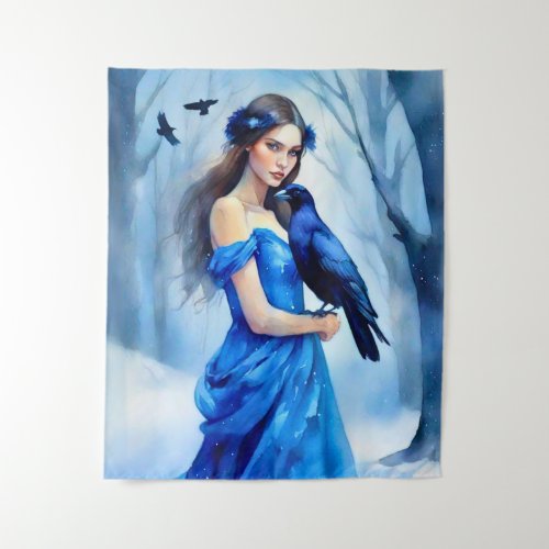 Beautiful Woman with a Raven in a Snowy Forest Tapestry