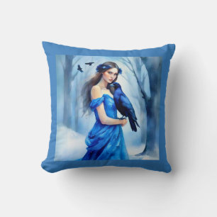 Beautiful Woman with a Raven, in a Snowy Forest Throw Pillow