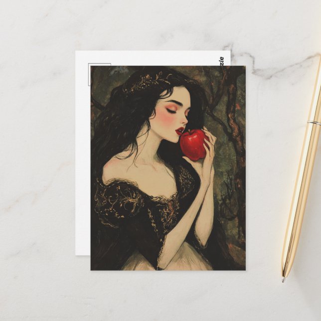Beautiful Woman With a Red Apple Vintage Fairytale Postcard (Front/Back In Situ)