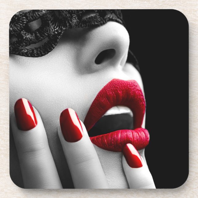 Beautiful Woman With Black Lace Mask Beverage Coaster (Front)