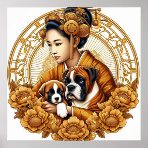 Beautiful Woman With Boxer Mom & Pup Poster