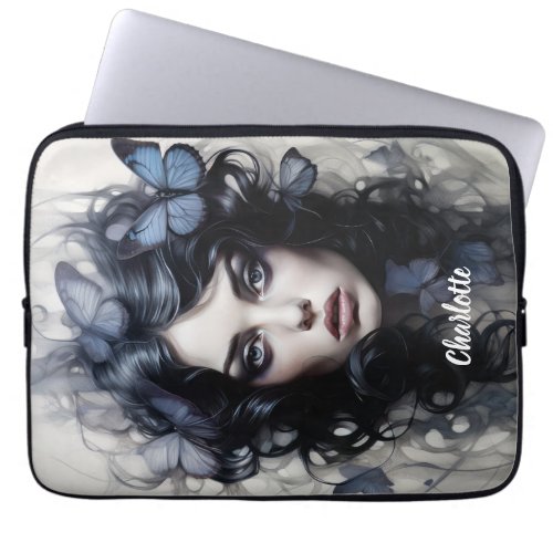 Beautiful Woman with Butterflies in Her Hair Laptop Sleeve