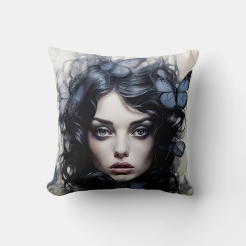 Beautiful Woman With Butterflies in her Hair Throw Pillow