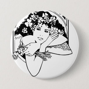 Beautiful Woman with Clovers & Shamrocks - Pinback Button