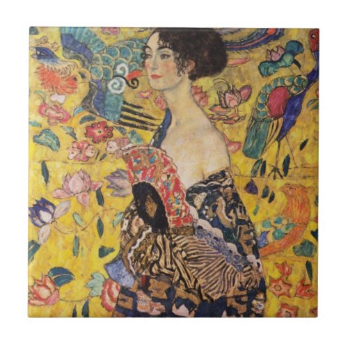 Beautiful Woman with Fan by Klimt Ceramic Tile