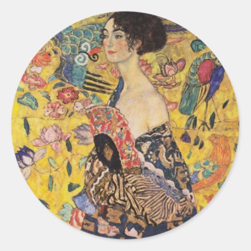 Beautiful Woman with Fan by Klimt Classic Round Sticker