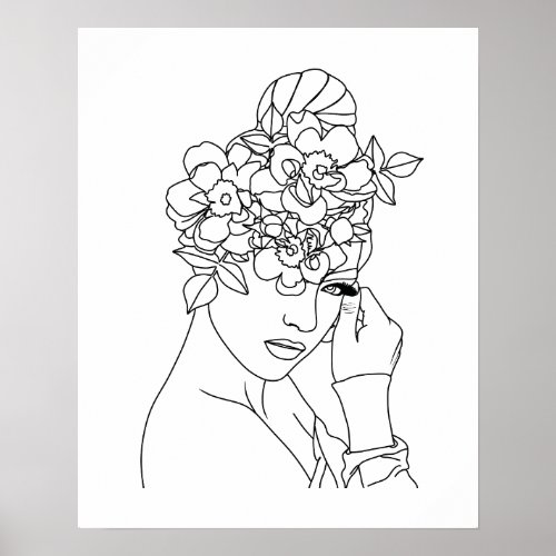 Beautiful Woman With Flowers On Head Line Art Poster