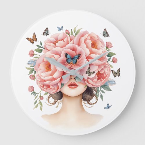 Beautiful Woman with Giant Pink Roses and Butterfl Large Clock
