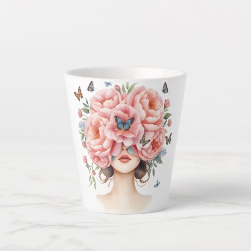 Beautiful Woman with Giant Pink Roses and Butterfl Latte Mug
