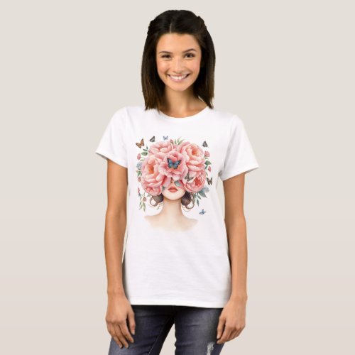 Beautiful Woman with Giant Pink Roses and Butterfl T-Shirt