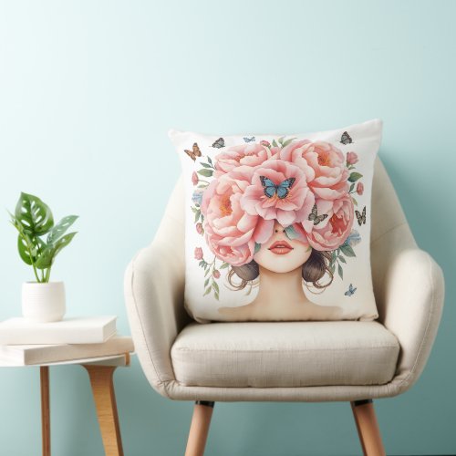 Beautiful Woman with Giant Pink Roses and Butterfl Throw Pillow