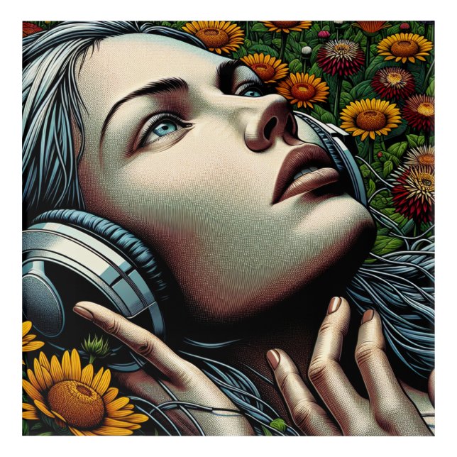 Beautiful Woman with Headphones in Sunflowers Acrylic Print (Front)