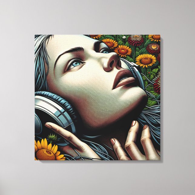 Beautiful Woman with Headphones in Sunflowers Canvas Print (Front)