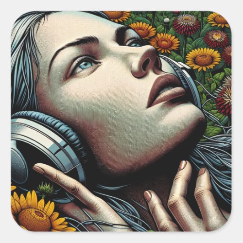 Beautiful Woman with Headphones in Sunflowers Square Sticker