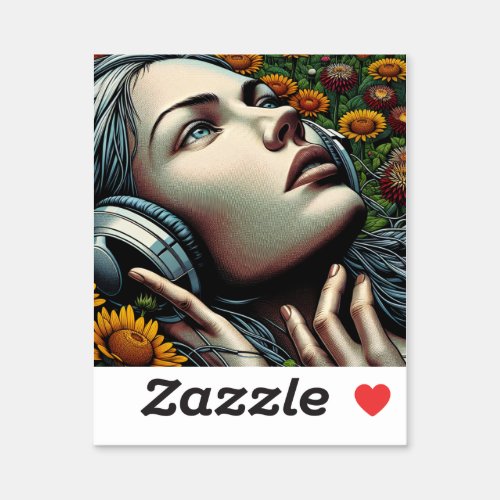 Beautiful Woman with Headphones in Sunflowers Sticker