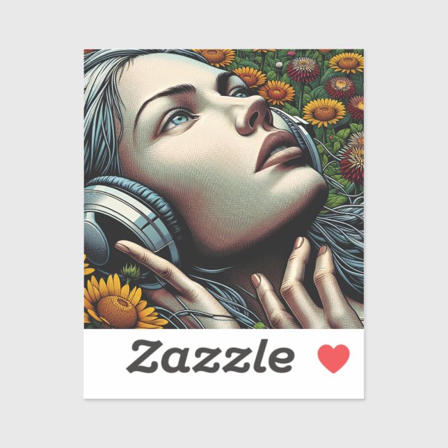 Beautiful Woman with Headphones in Sunflowers Sticker (Sheet)