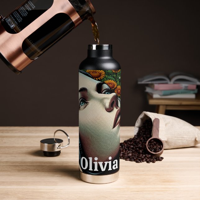 Beautiful Woman with Headphones in Sunflowers Water Bottle (Coffee)