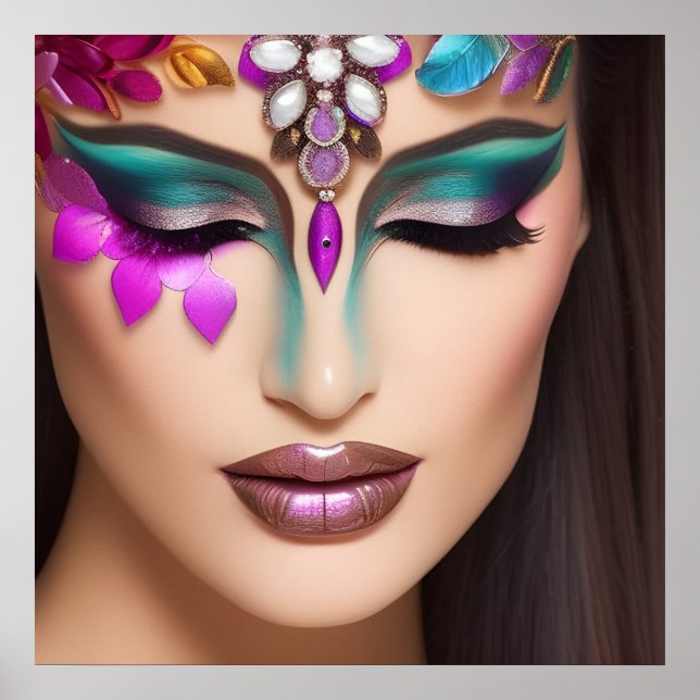 Beautiful Woman with Jeweled Face Makeup Poster (Front)