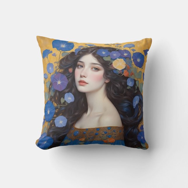 Beautiful Woman With Morning Glories  Throw Pillow (Front)