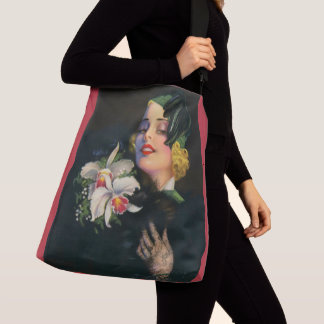 beautiful woman with orchids crossbody bag