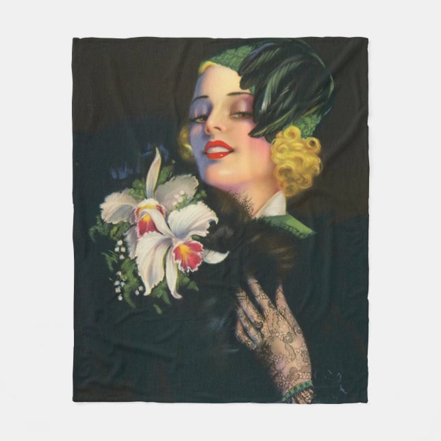 beautiful woman with orchids fleece blanket (Front)