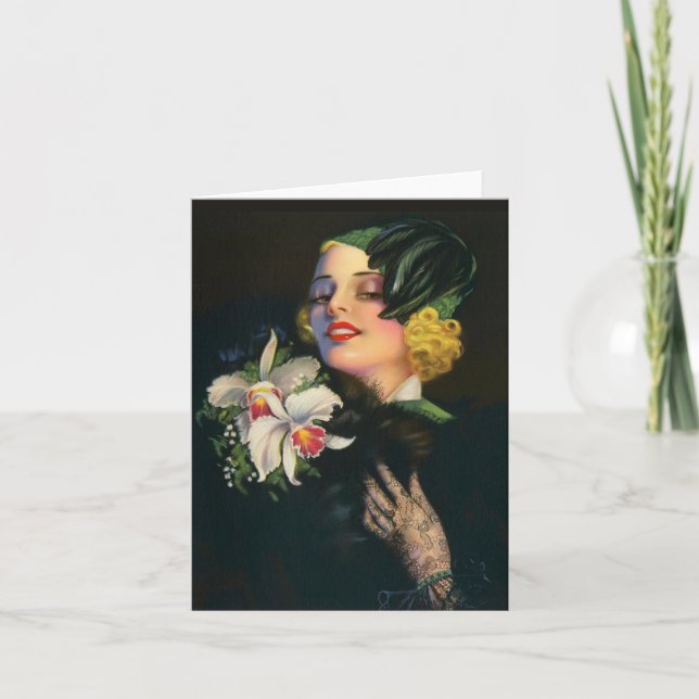 beautiful woman with orchids note card (Front)