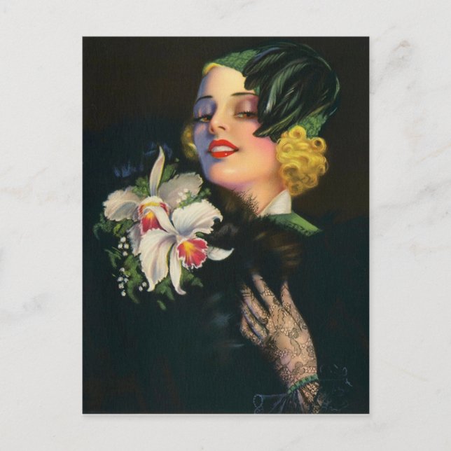 beautiful woman with orchids postcard (Front)