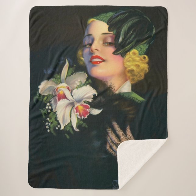 beautiful woman with orchids sherpa blanket (Front)