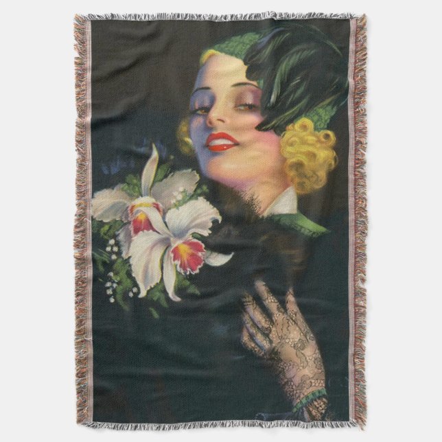beautiful woman with orchids throw blanket (Front Vertical)