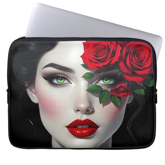 Beautiful Woman with Red Rose Laptop Sleeve (Front)