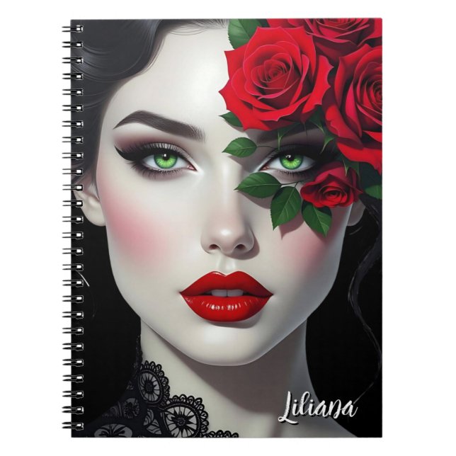 Beautiful Woman with Red Rose Personalized Notebook (Front)