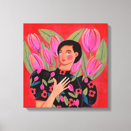 Beautiful woman with tulip heart Valentines Day Canvas Print