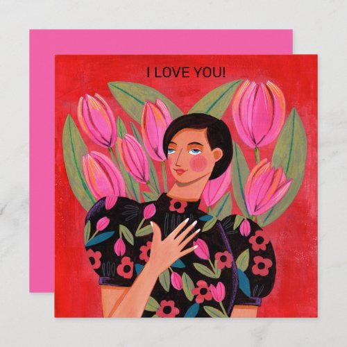 Beautiful woman with tulip heart Valentines Day Card