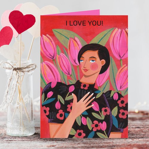 Beautiful woman with tulip heart Valentines Day  Card