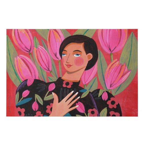 Beautiful woman with tulip heart Valentines Day Faux Canvas Print
