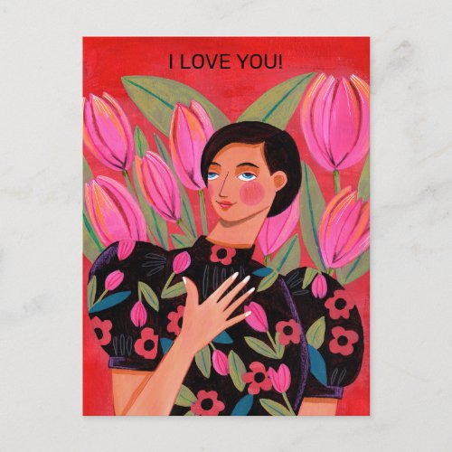 Beautiful woman with tulip heart Valentines Day   Postcard