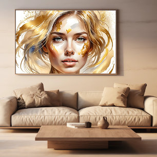Beautiful Womans Face in Gold Abstract Watercolor Poster