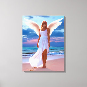 Beautiful Women with Angel Wings on a Beach Canvas Print