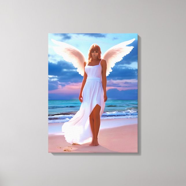 Beautiful Women with Angel Wings on a Beach Canvas Print (Front)