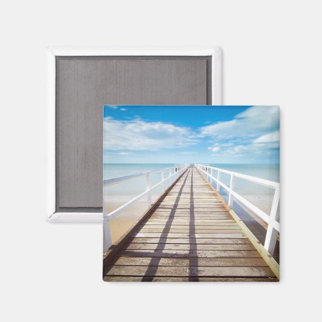 Beautiful Wood Pier, Dock, Beach, Ocean Blue Sky Magnet (Front/Back)