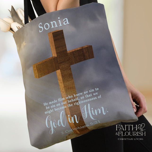 Beautiful Wooden Cross Scripture Personalized Tote Bag (Creator Uploaded)