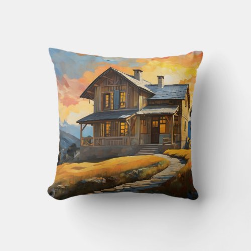 Beautiful Wooden House In The Mountains At Sunset Throw Pillow