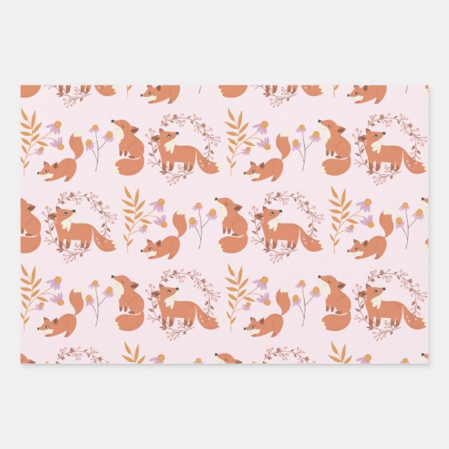Beautiful Woodland Animal Floral Wrapping Paper Sheets (Front)
