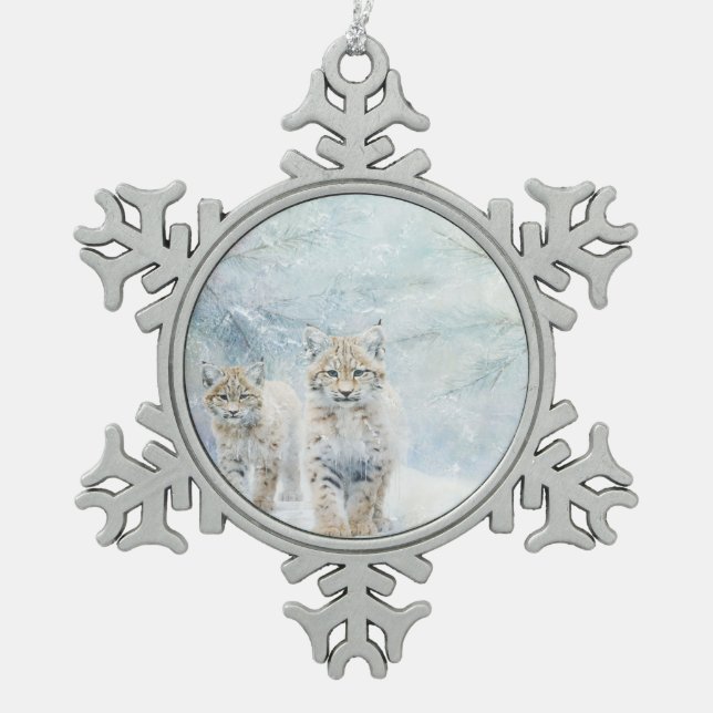 Beautiful Woodland Animals Bobcats Snowflake Pewter Christmas Ornament (Front)